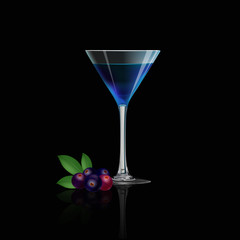 Blue berry juice and fresh blue berry isolated on black background