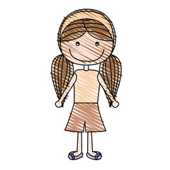 color pencil drawing of caricature pigtails hairstyle girl with shirt and skirt vector illustration