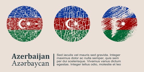 Azerbaijan flag design concept. Flags collection textured in grunge style with country name. Image relative to travel and politic themes. Translation of the inscription: Azerbaijan