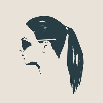 Portrait Of Beautiful Woman In Black Sunglasses. Pony Tail Hair Style. Vector Version. Side View