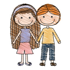 color pencil drawing of caricature couple kids in casual clothes with taken hands vector illustration