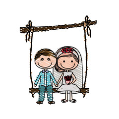 color pencil drawing of caricature married man and woman sit in swing hanging from a branch vector illustration