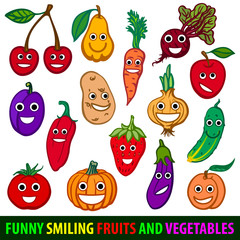 Funny smiling fruits and vegetables. Set flat vector image