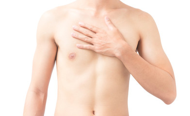 Naklejka premium Closeup man hand holding chest with pain on white background, health care and medical concept