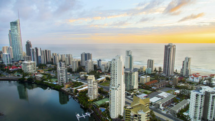Fototapeta na wymiar Aerial view of sunrise at Surfers Paradise Gold Coast with the Q1 building
