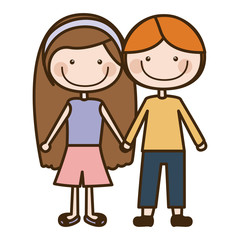 color silhouette cartoon couple kids in casual clothes with taken hands vector illustration