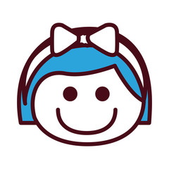 hand drawing silhouette front face girl with blue short hair and bow lace vector illustration