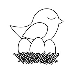 monochrome silhouette of bird in nest with eggs vector illustration