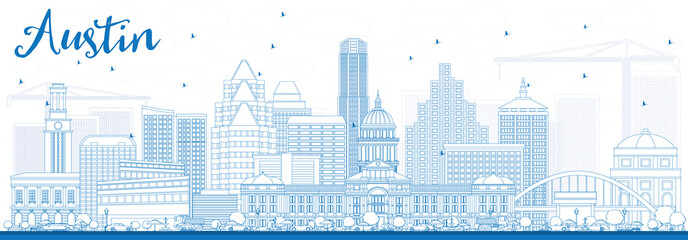 Outline Austin Skyline with Blue Buildings.