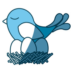blue silhouette of bird in nest with eggs vector illustration
