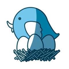 blue silhouette of bird in nest with eggs in closeup vector illustration