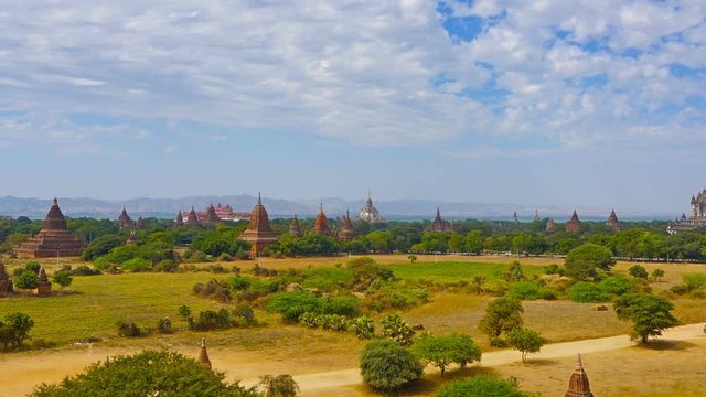 Landscape with Temples in Bagan, Myanmar (Burma), zoom timelapse
