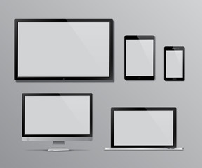 TV screen, computer monitor, notebook, tablet computer, mobile phone templates. Digital devices mock up. Vector illustration.
