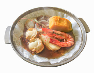 Fried seafoods shrimps, scallop, fish and pumpkin with clipping path