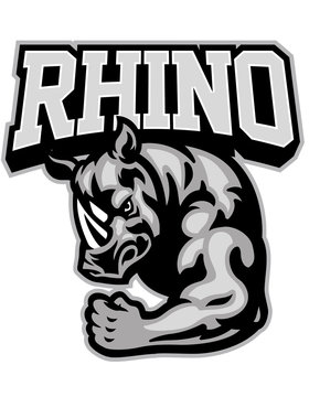 rhino mascot showing his muscle arm