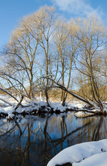 Sunny winter landscape with flowing river