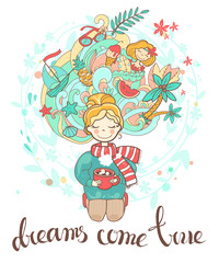 A sweet rosy dreaming girl sits on her knees with a cup of drink