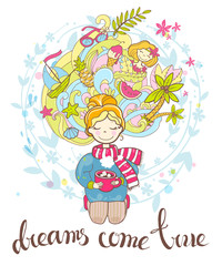 A sweet rosy dreaming girl sits on her knees with a cup of drink