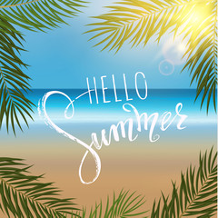 Naklejka premium Hello summer lettering, palm branches. Tropical background, blue ocean landscape. Vector illustration EPS10.