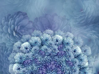 Selbstklebende Fototapete Blaue Jeans Blumenhintergrund. Blaue Blumenchrysantheme. Blumencollage. Blumenzusammensetzung. Natur.