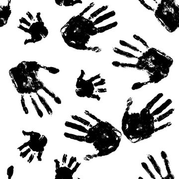 Black handprints on white background pattern. Horror seamless background. Social illustration.