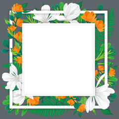 Banner design template with floral decoration. The square frame with the decor of flowers magnolia and ferns