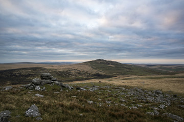 Brown willy tor at dawn with a cloudy sky, cornwall, uk