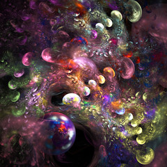Abstract colorful bubbles on black background. Digital fractal art. 3D rendering.