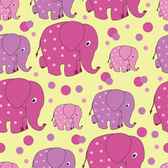 Funny elephants. Zoo. Vector image. Seamless pattern with funny pink elephants from silhouettes and dots. Cute Wallpapers for babies and children. The background is yellow.