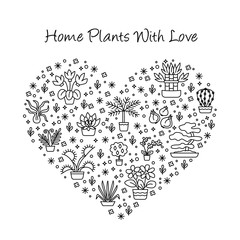 House plants concept for garden center, flower & florist shop in line style. Can be used for banner, flyer, layout, poster, web advertisement. Black & white template