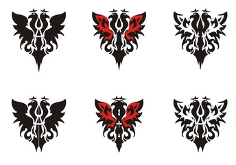 Two-headed eagle symbols. Heraldic eagle icons with crowns in red-black tones