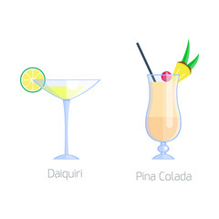 Set of alcoholic cocktails isolated fruit cold drinks tropical pina colada freshness and party alcohol sweet tequila vector illustration.