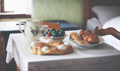 Traditional Easter breakfast at old house in european countryside