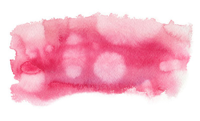 Vibrant pure pink backdrop with stains and blots painted in watercolor on clean white background