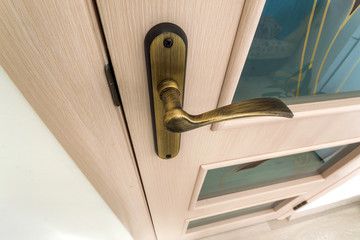 Modern, contemporary satin wooden door metal handle close-up detail