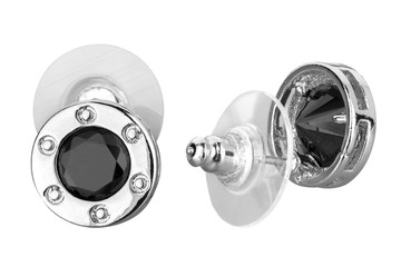 Pair of silver round earrings with black precious stone, isolated on white background, clipping...