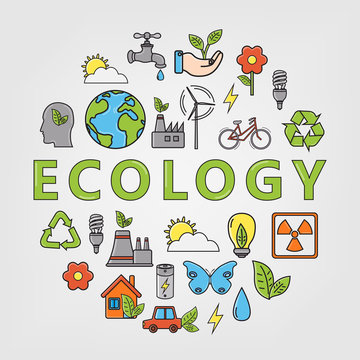 Ecology and environment icons. Round thin line ecology symbol. Hand drawn illustration. Vector