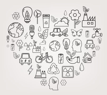 Ecology and environment concept. Heart shape ecology icons. Hand drawn illustration. Vector
