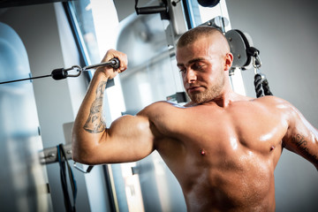 Fototapeta na wymiar Muscular man working out in a gym.