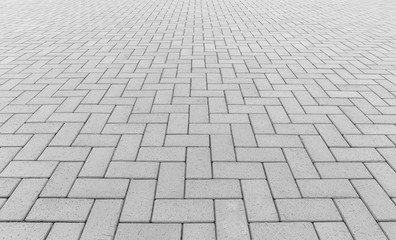 Paver brick floor also call brick paving, paving stone or block paving. Manufactured from concrete or stone for road, path, driveway and patio. Empty floor in perspective view for texture background.