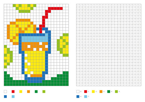 Kids coloring page, pixel coloring with numbered squares. Orange juice, drink. Vector illustration