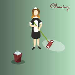 Cute cartoon cleaner in dark dress and white apron with the tools for housekeeping: a burgundy bucket with soapy foam, MOP with green handle and cloth. Green background. Vector illustration. Cleaning