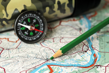 Compass and map, traveler's accessories