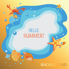 Summer, sea, shells, crabs and sea stars.  Yellow-orange background. Banner design, poster with children's characters cartoon sea creatures. © velishchuknatali