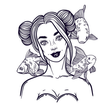 cute vector art card with little princess mermaid. Girl with fish. linear tattoo illustration.
