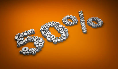Gears and cogs form text - 50%. Sale metaphor. 3d illustration