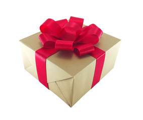 Gift box wrapped in brown paper with red ribbon bow isolated on white backgrounds.