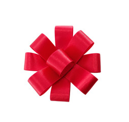 Red ribbon bow for gift box wrapping isolated on white background.