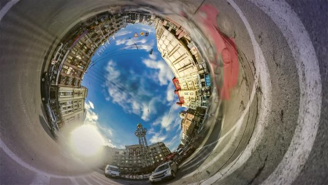Hole Planet 360 Degree Lev Tolstoy Square Kiev Sights Traffic on Unrepaired Road Buildings Facades Springtime Cityscape in Warm Sunny Day Famous Capitals