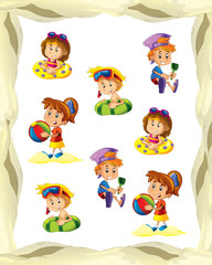cartoon frame with children on the beach playing space for text